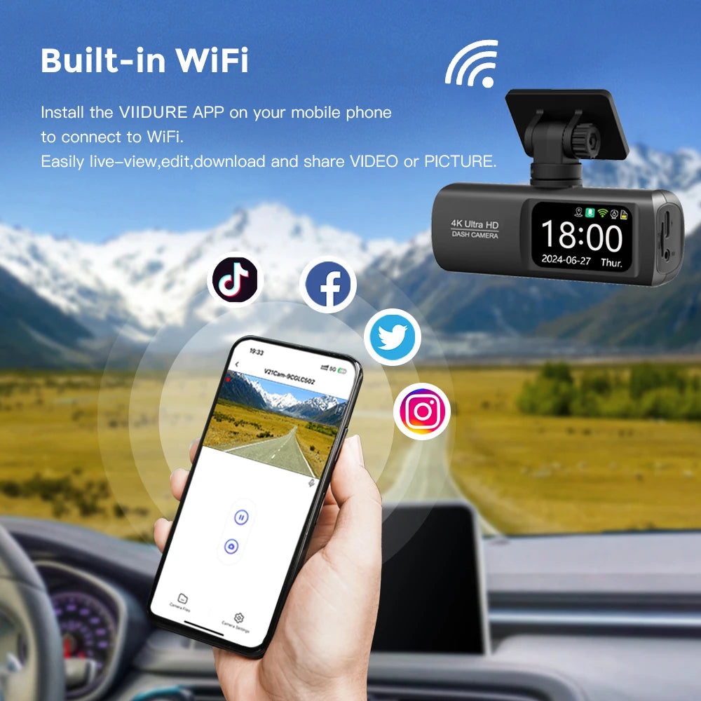 4K WiFi Dash Cam built-in Wi-Fi feature illustration showing a driver connecting to the Viidure app on a smartphone to view, edit and share footage