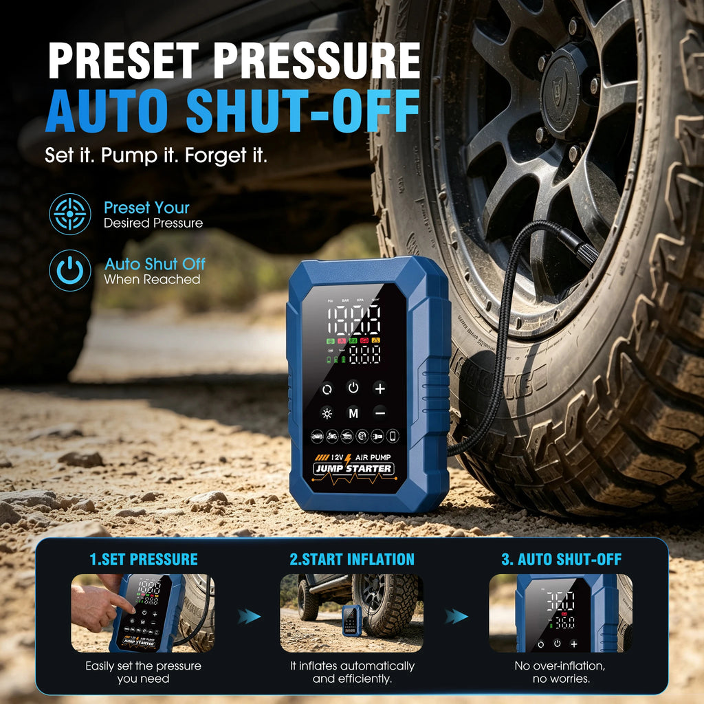 Compact Jump Starter Inflator inflating a 4WD tyre, showing preset pressure and auto shut-off steps