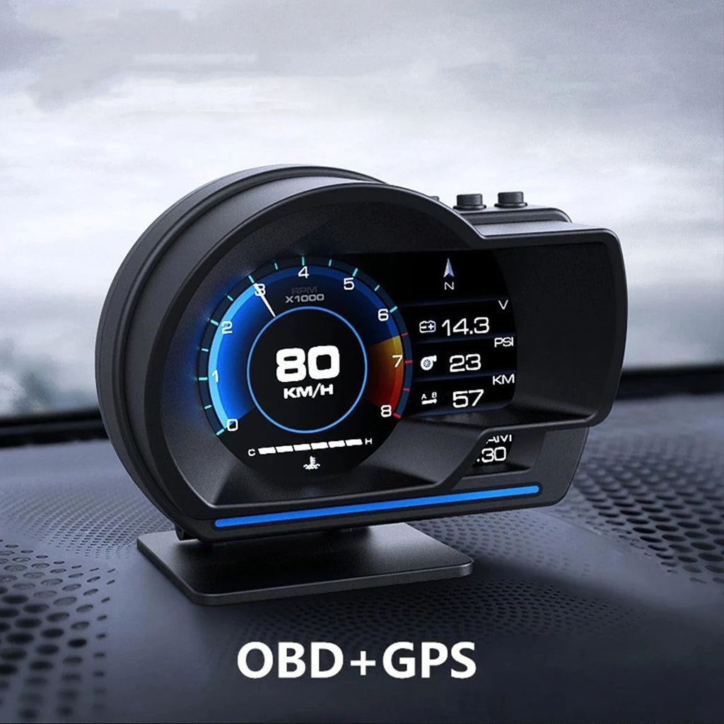 Digital Head-Up Display mounted on a car dashboard showing speed, voltage, tyre pressure and trip data via OBD plus GPS