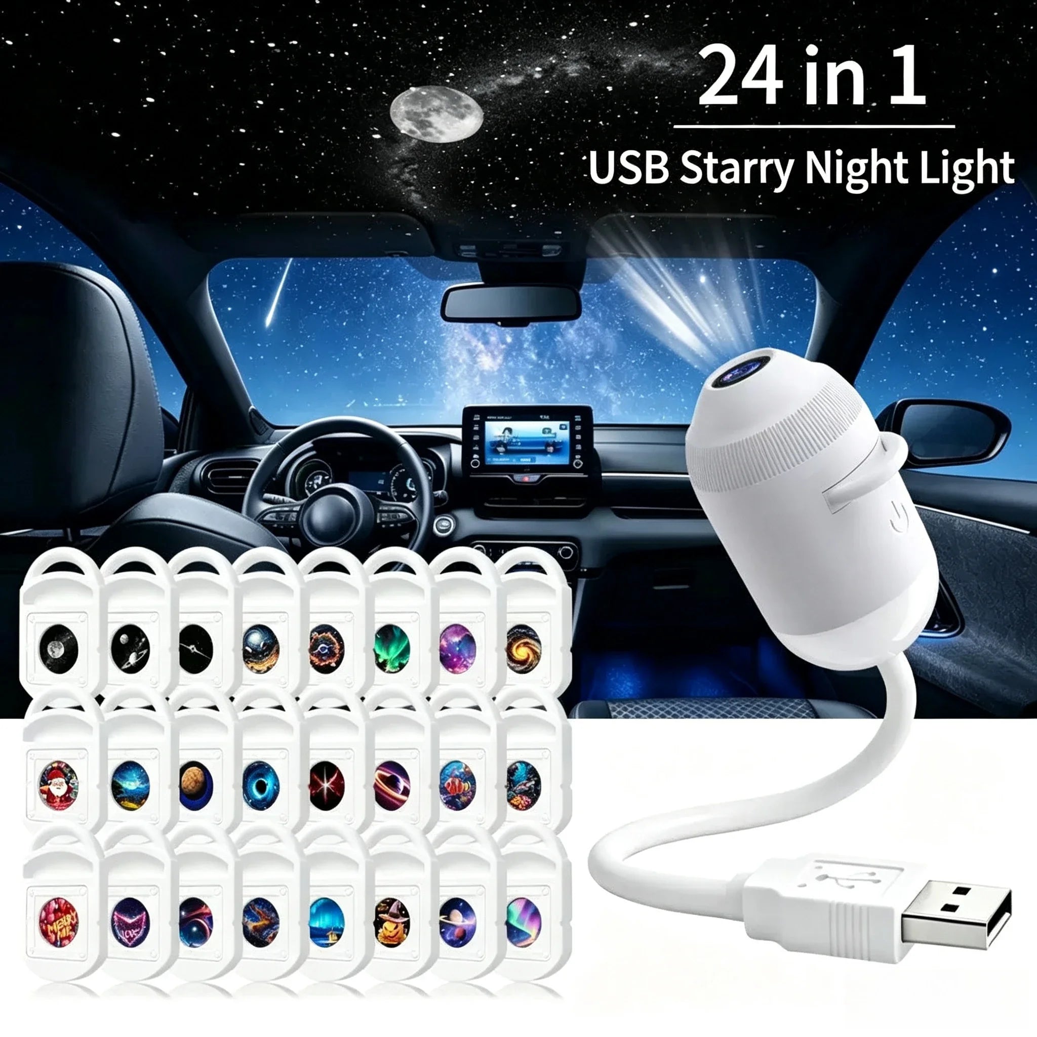 24-in-1 USB Starry Night Light film disc set for the Galaxy Star Projector, shown with a car interior star projection