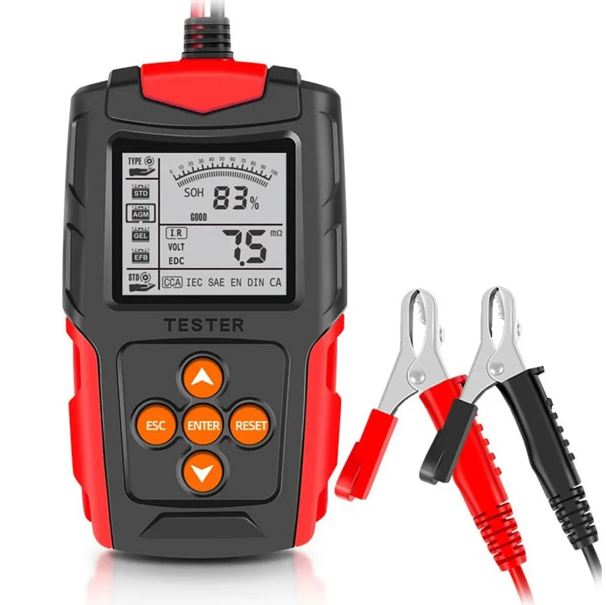 LCD Battery Health Analyser in black and red showing 83% battery health and 7.5 mΩ internal resistance, with crocodile clamps