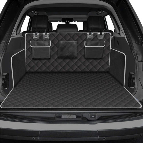 Waterproof Dog Car Boot Liner fitted in an empty SUV cargo area with side pockets and headrest straps