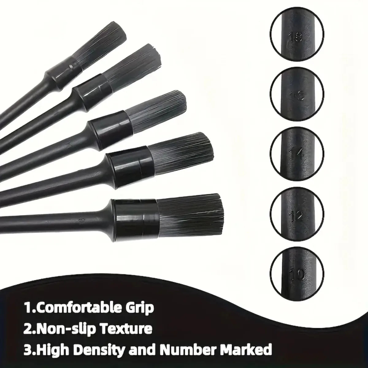 Five black detailing brushes with non-slip grips and numbered size markings