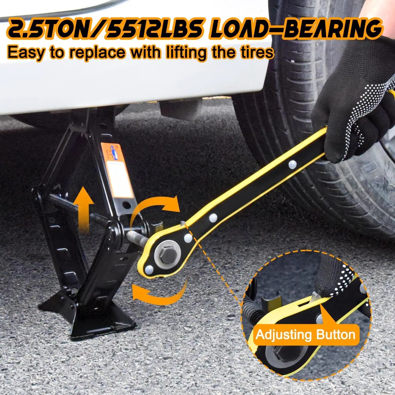 2.5 Ton Scissor Jack lifting a car wheel using the ratchet wrench, demonstrating 5512lbs load-bearing capacity