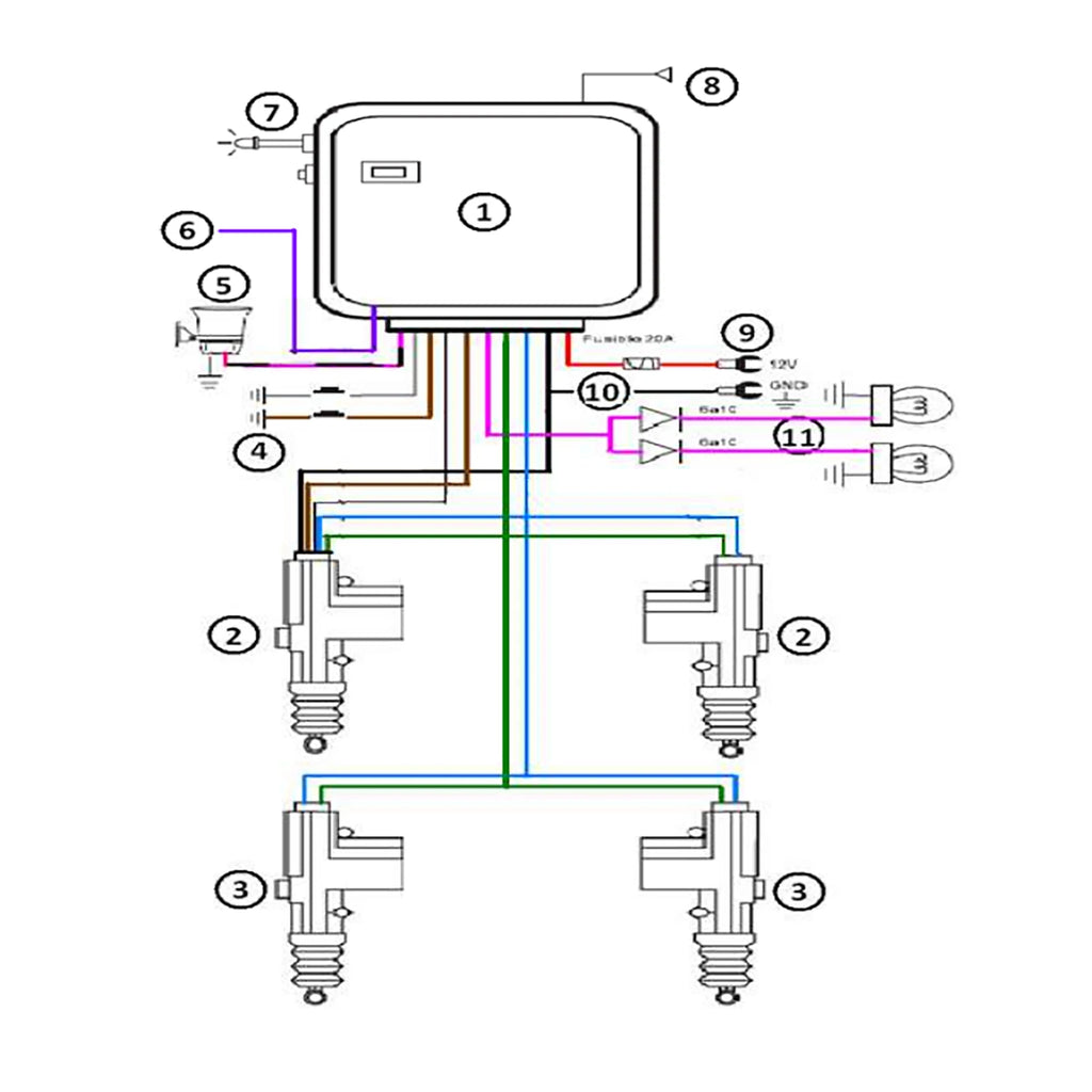 Wiring diagram for the Universal Keyless Entry Kit showing control module, actuators, siren and indicator light connections