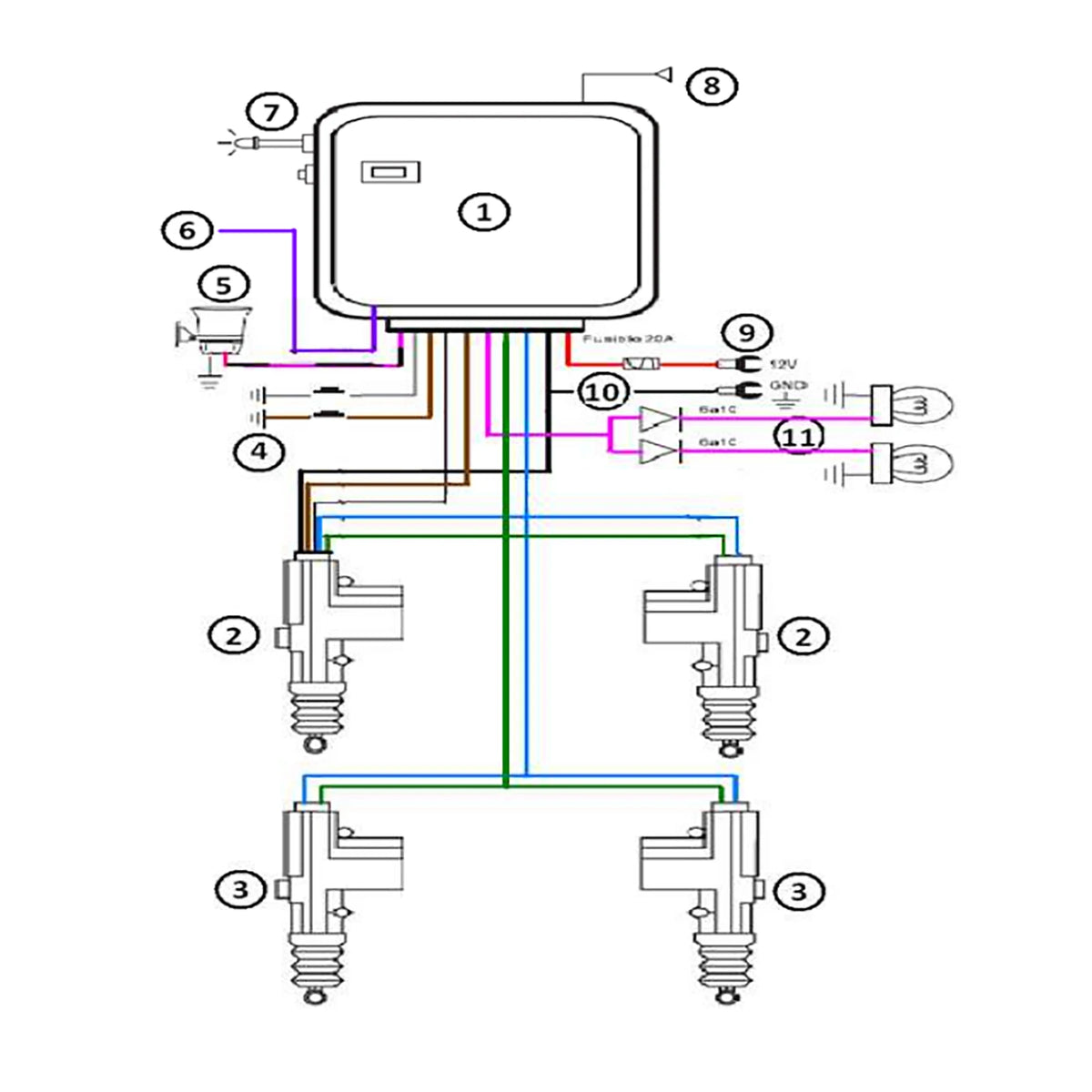 Wiring diagram for the Universal Keyless Entry Kit showing control module, actuators, siren and indicator light connections