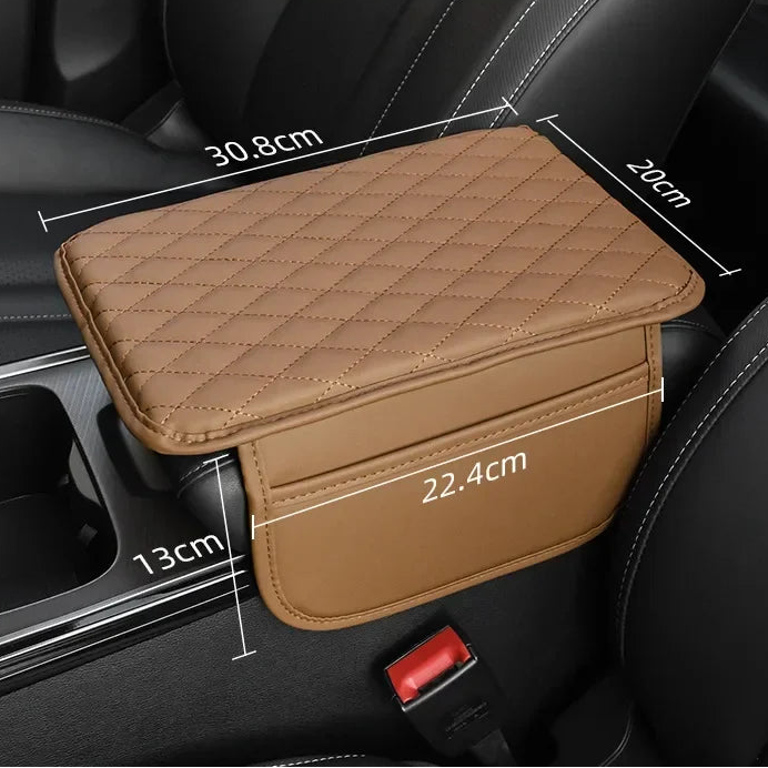 Saddle brown Padded Car Armrest Organiser variant fitted to car console with labelled dimensions and Chinese language colour tag