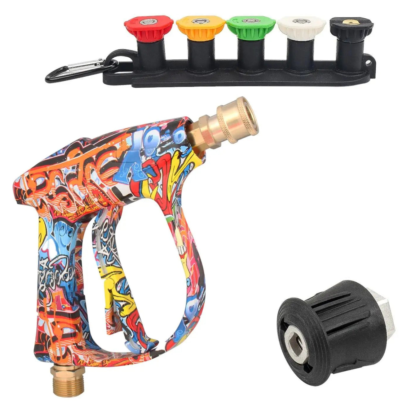 Graffiti-print high-pressure spray gun with quick-connect nozzles, compatible with Karcher K2 to K7 pressure washers