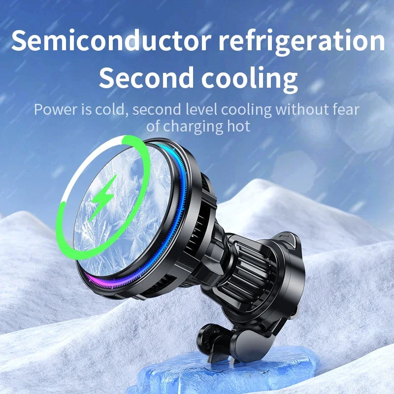 Magnetic Wireless Car Charger with active TEC cooling shown on an icy background, illustrating the semiconductor cooling function.
