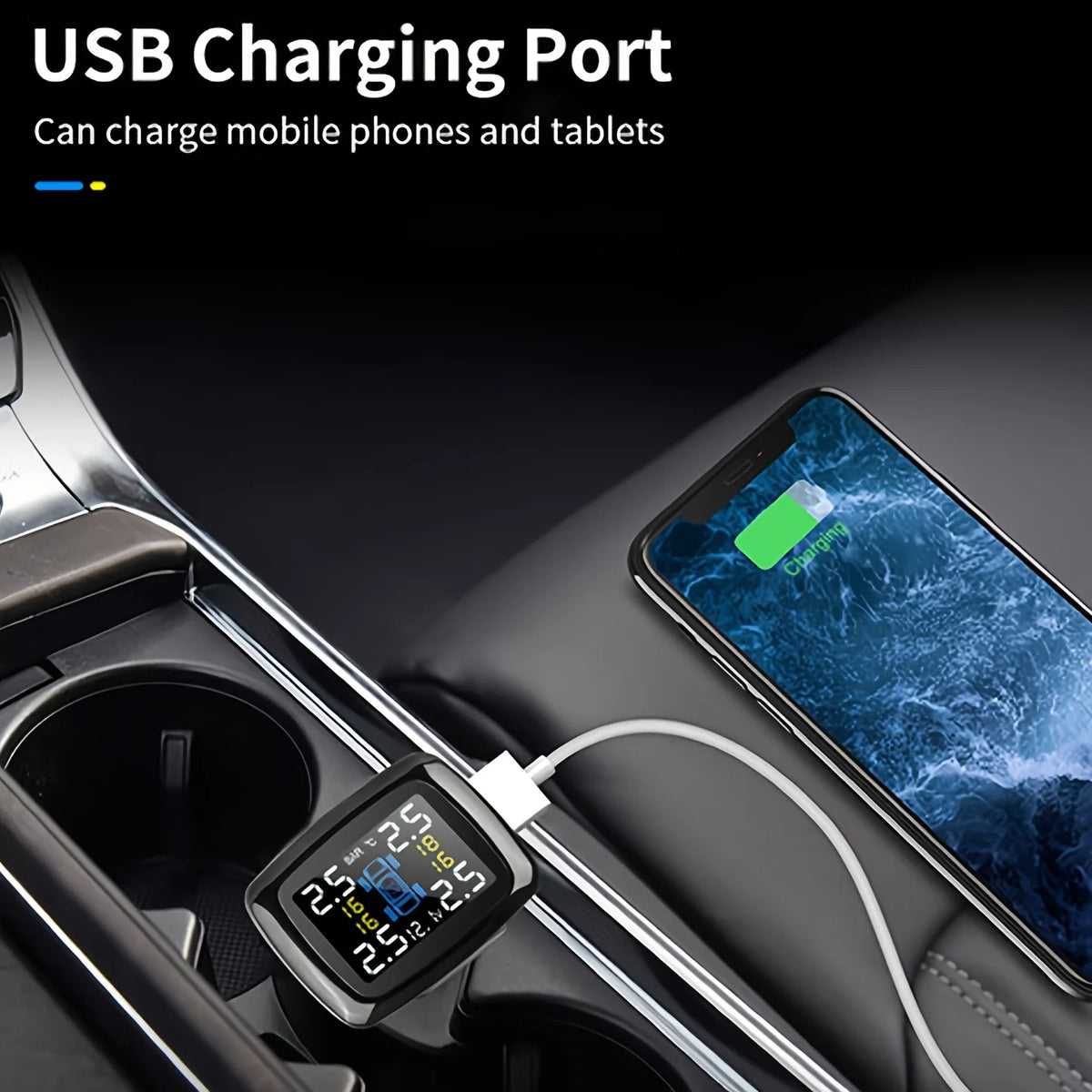 Plug-In Tyre Pressure Monitor in car centre console charging a smartphone through its built-in USB port
