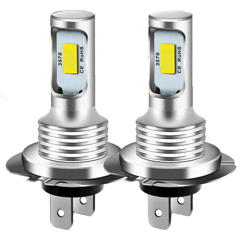 Pair of CSP LED Fog Light Bulbs H7 with 3570 LED chips and aluminium heat sink on white background