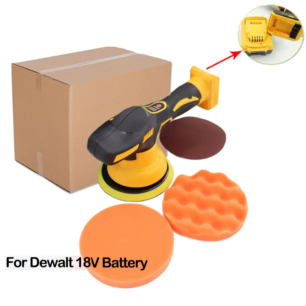 Cordless Car Polisher for DeWalt 18V battery packaged with sanding disc, polishing pads and instruction manual