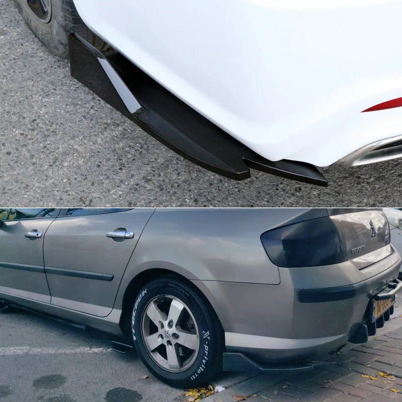Rear bumper corner guard installed on the corner of a car bumper shown on two different vehicles