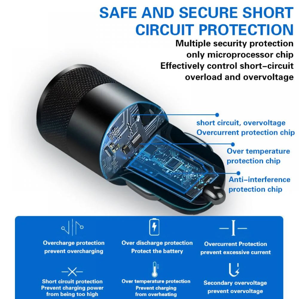 Alloy USB Car Charger cutaway diagram showing internal chips for short circuit and overvoltage protection