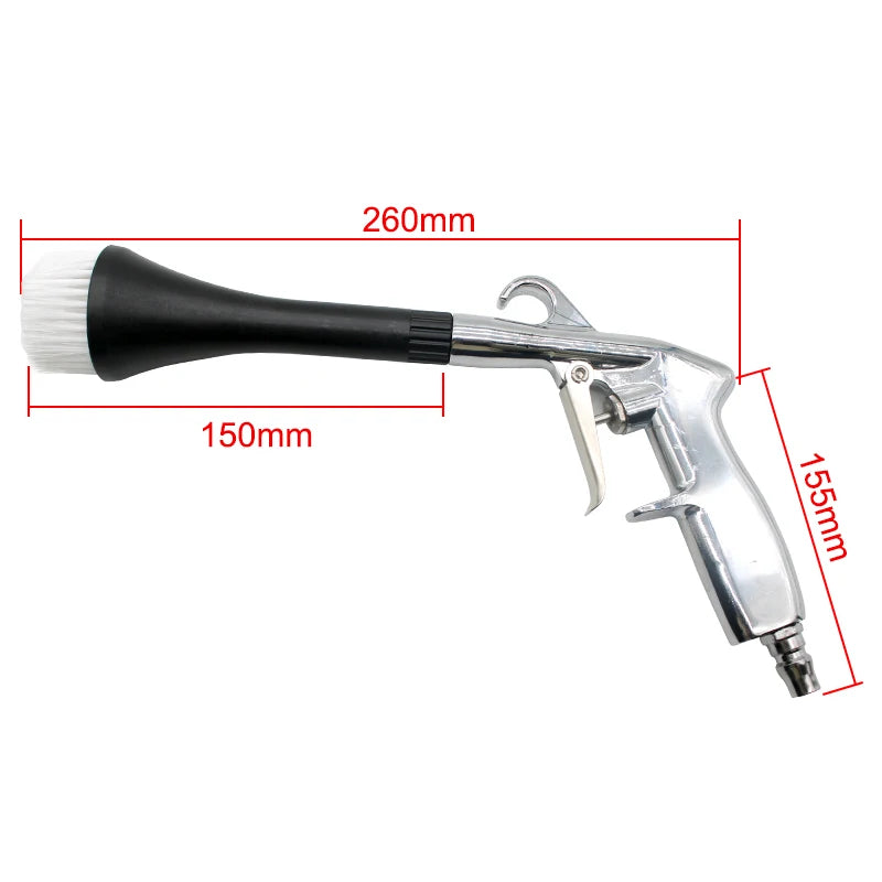 Chrome air blow dust gun fitted with soft-bristle brush attachment, dimension diagram showing 260mm total length