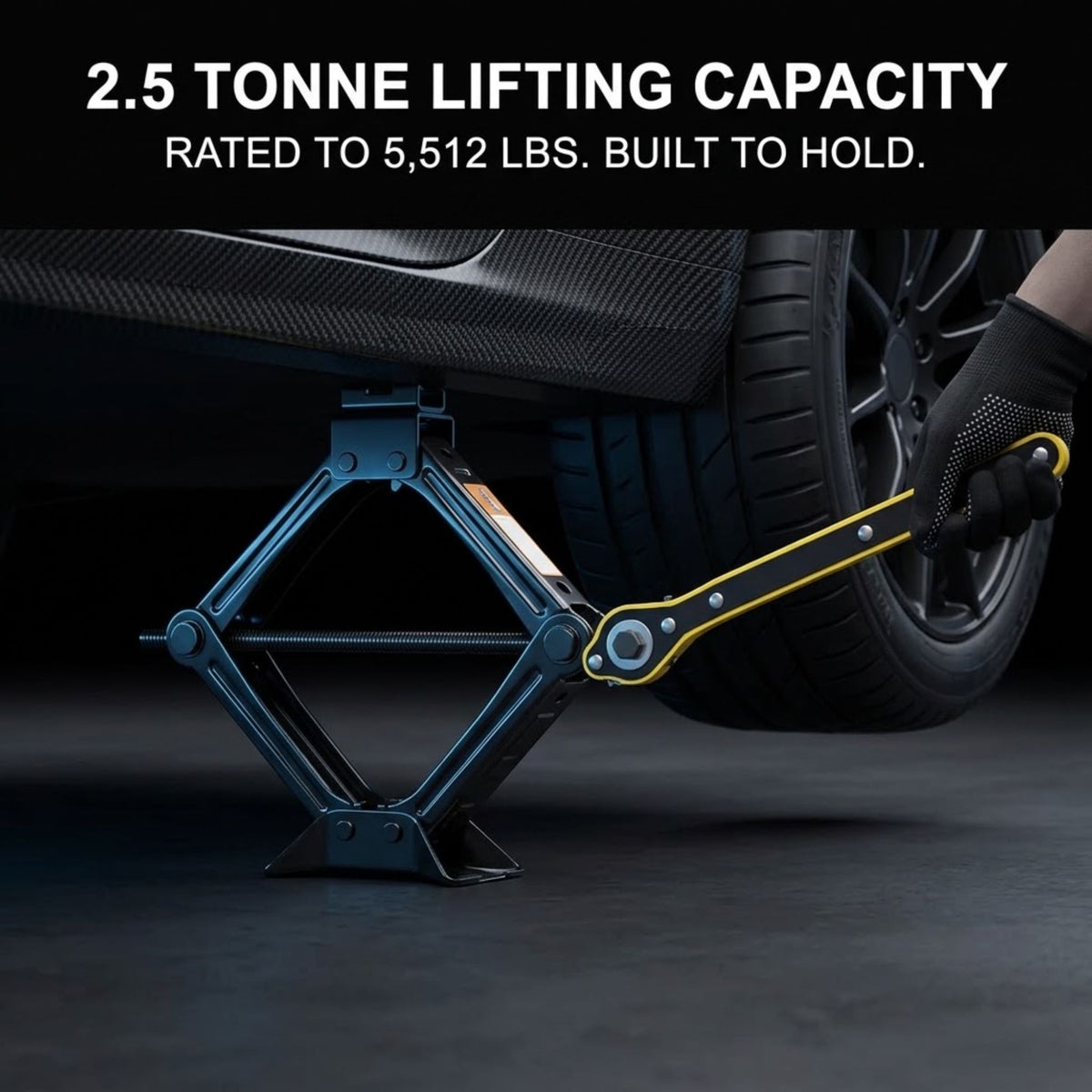 A scissor-style car jack supporting a vehicle undercarriage, with a gloved hand holding the handle. Text at the top reads '2.