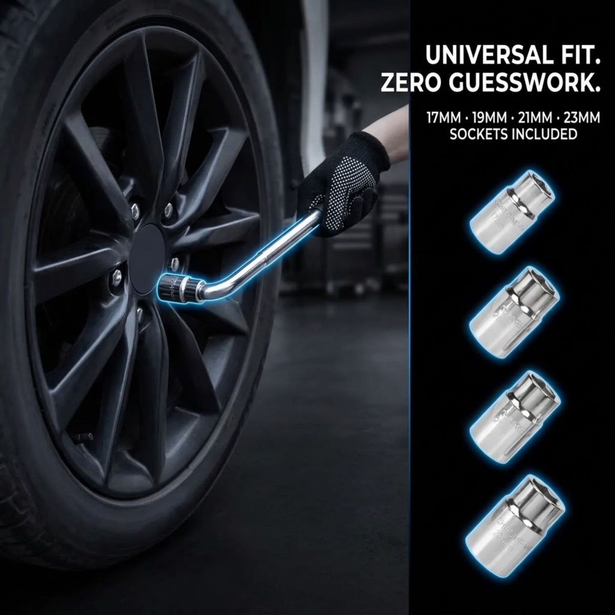 A tire iron tool being used on a car wheel, with text reading 'UNIVERSAL FIT. ZERO GUESSWORK.