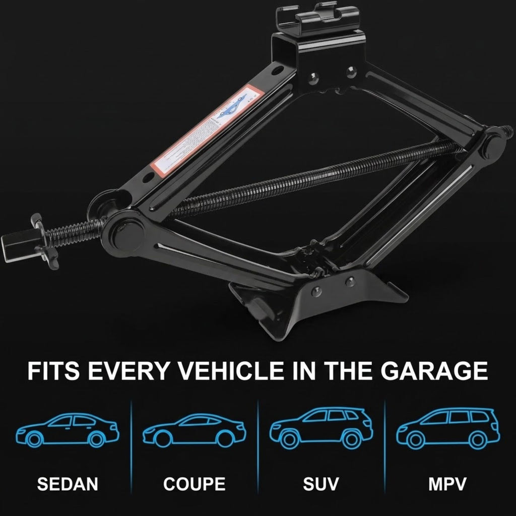 A black scissor-style vehicle jack shown on a dark background with the text 'FITS EVERY VEHICLE IN THE GARAGE' and small car icons labeled sedan, coupe, SUV, and MPV.