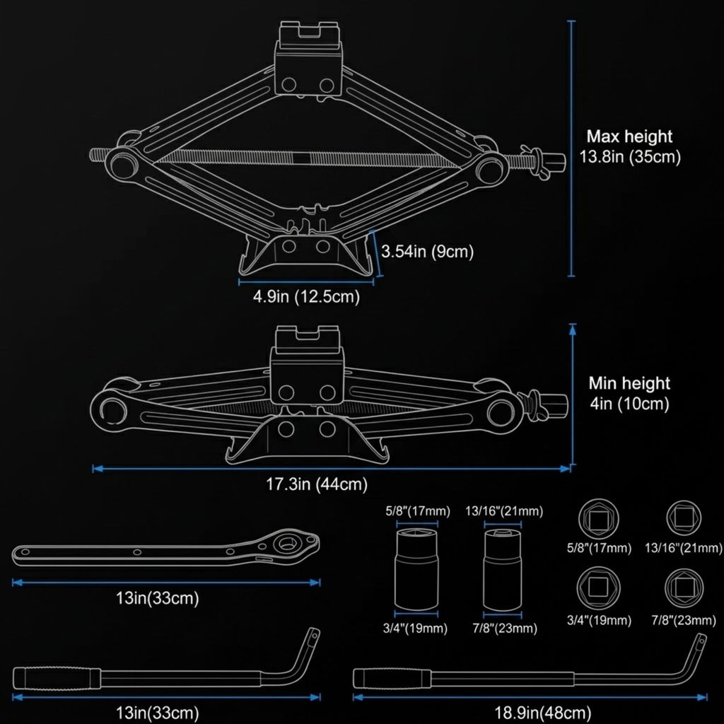 Technical dimension diagram of a scissor-style floor jack with labeled measurements for max height, min height, width, arm length, and socket sizes on a black background.