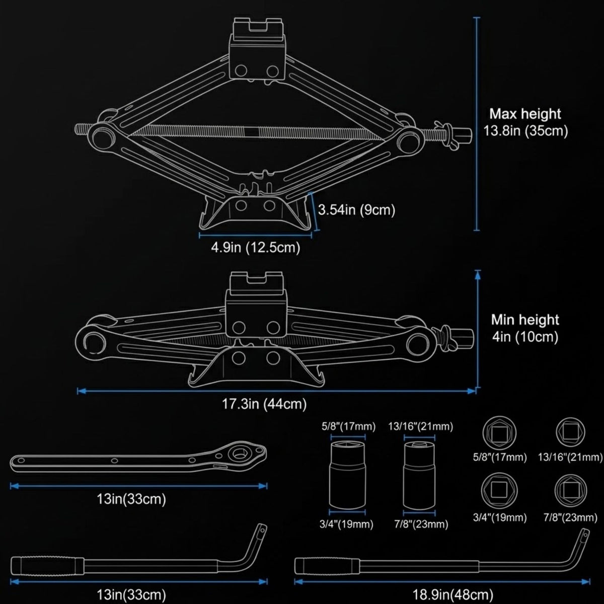 Technical dimension diagram of a scissor-style floor jack with labeled measurements for max height, min height, width, arm length, and socket sizes on a black background.