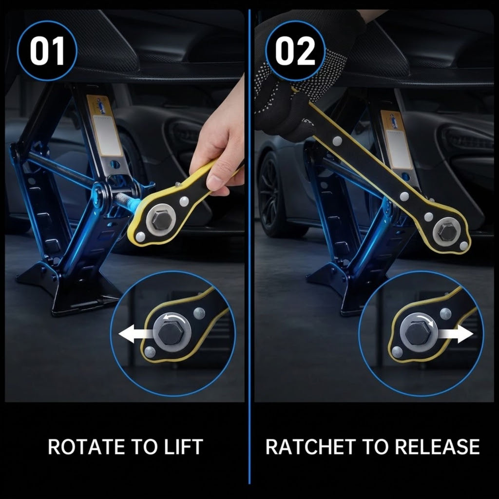 Instruction graphic showing how to use a car jack: left panel labeled 01 shows rotating the yellow handle to lift the vehicle, with a close-up inset of the handle; right panel labeled 02 shows releasing the jack by ratcheting the handle, with a gloved hand visible. The jack is blue and black, set in a dark car interior.