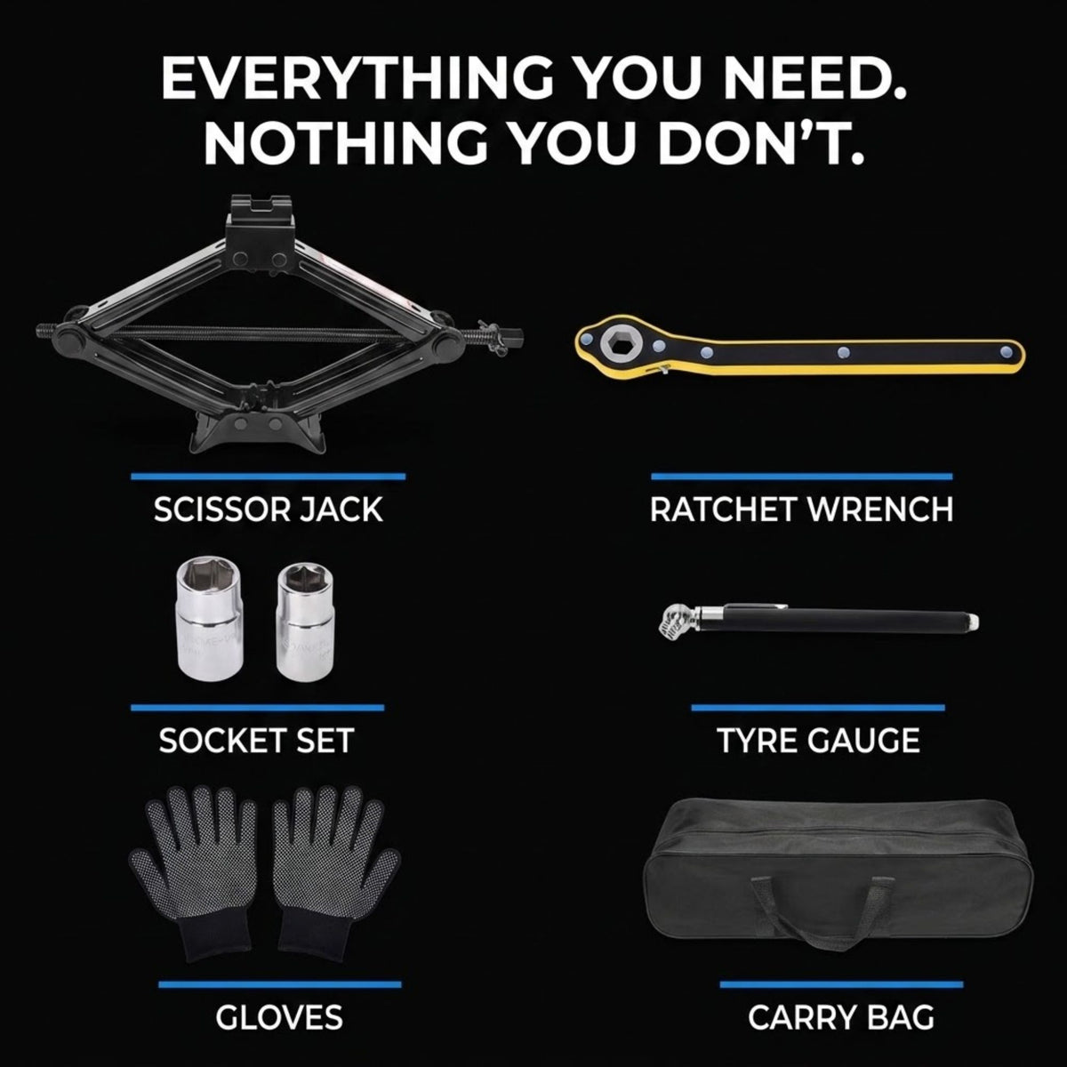 A set of car tyre change tools on a black background with the headline 'EVERYTHING YOU NEED. NOTHING YOU DON'T.