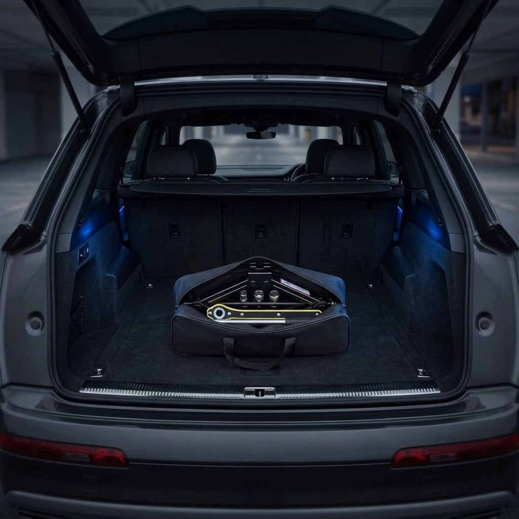 A black hard-shell trunk organizer bag with a built-in folding tray and tools, shown inside the open trunk of a dark gray SUV in a parking structure.
