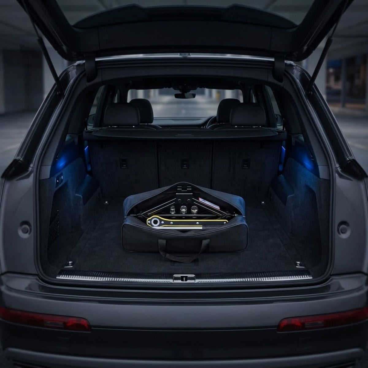 A black hard-shell trunk organizer bag with a built-in folding tray and tools, shown inside the open trunk of a dark gray SUV in a parking structure.
