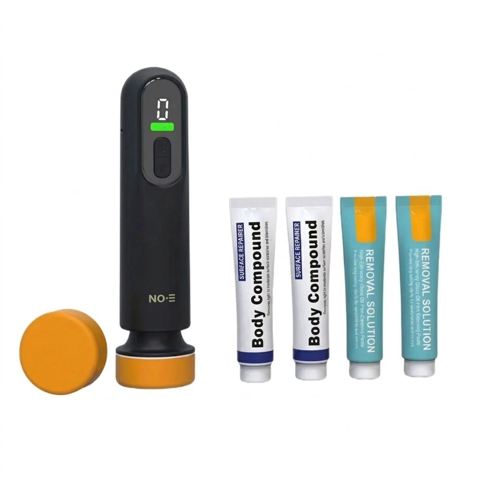 Scratch Repair Polishing Tool with orange buffing pad and body compound tubes laid out on a white background