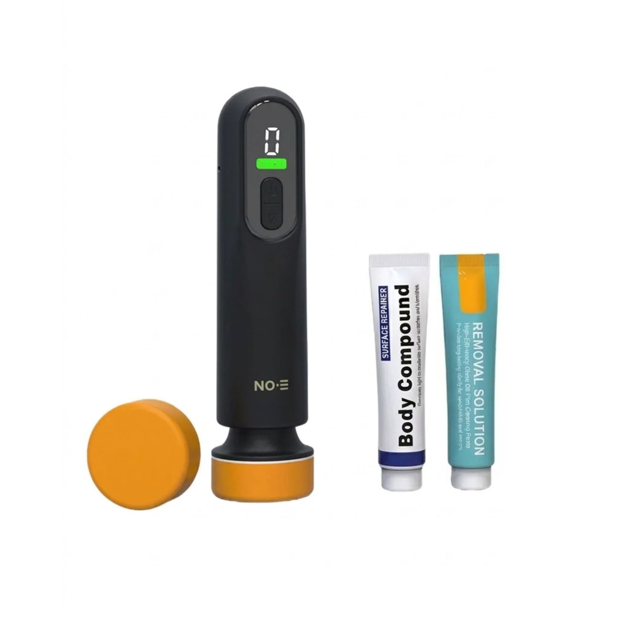 Scratch Repair Polishing Tool with orange buffing pad and body compound tubes on a white background, side angle view