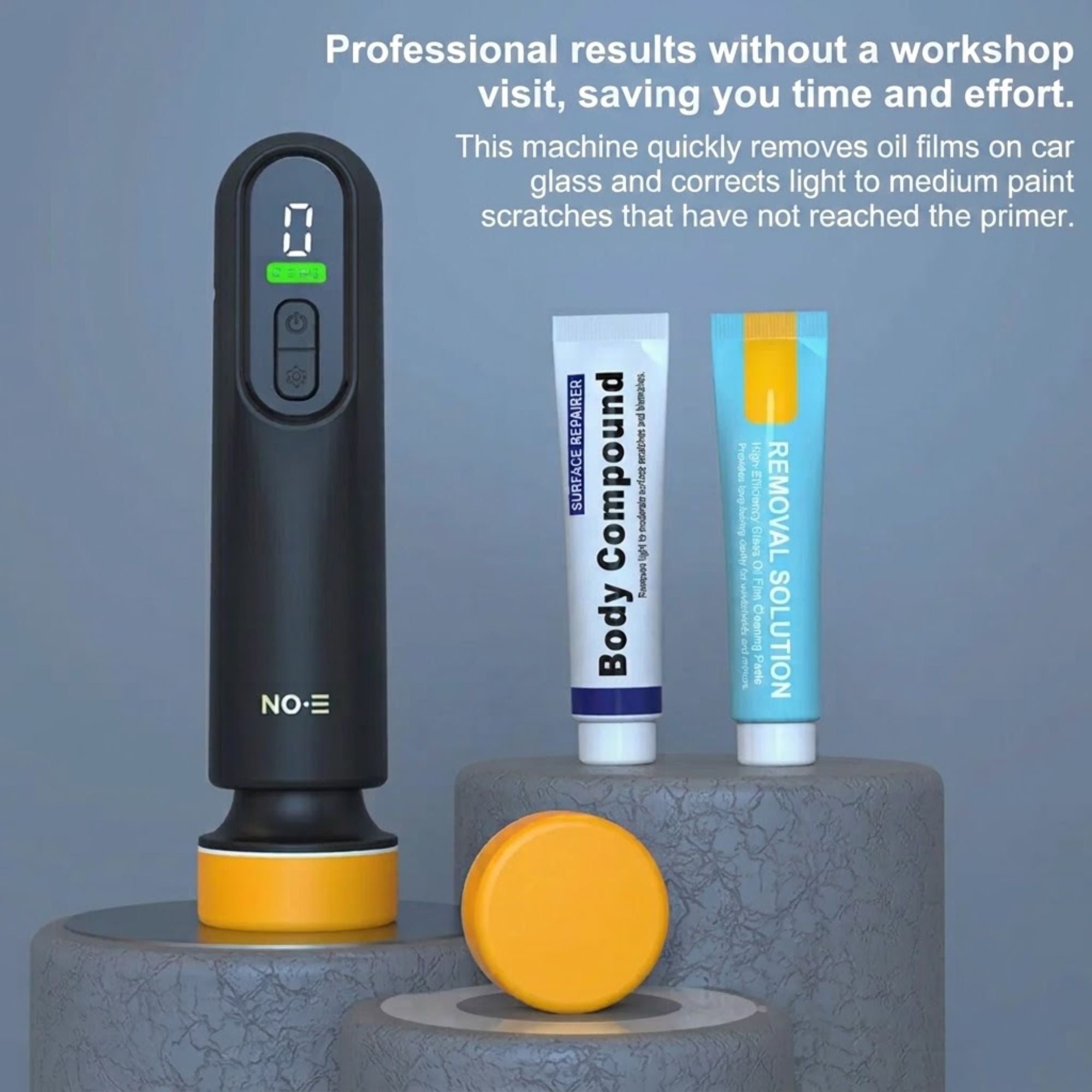 Scratch Repair Polishing Tool kit on a stone pedestal, delivering professional paint scratch and oil film results without a workshop visit