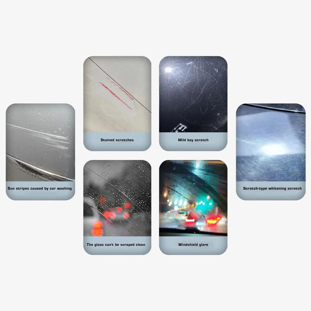 Four example photos of bird scratches, key scratches, glass residue and windshield glare that the Scratch Repair Polishing Tool can treat