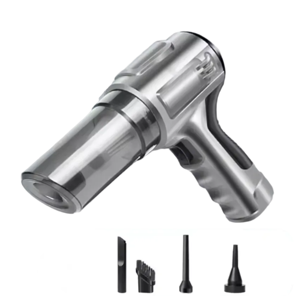 Grey Cordless Car Vacuum & Blower handheld unit with four nozzle attachments on a white background