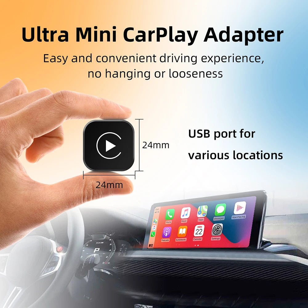 Hand holding the Mini Wireless CarPlay Adapter showing its 24 mm x 24 mm size in front of a car dashboard touchscreen