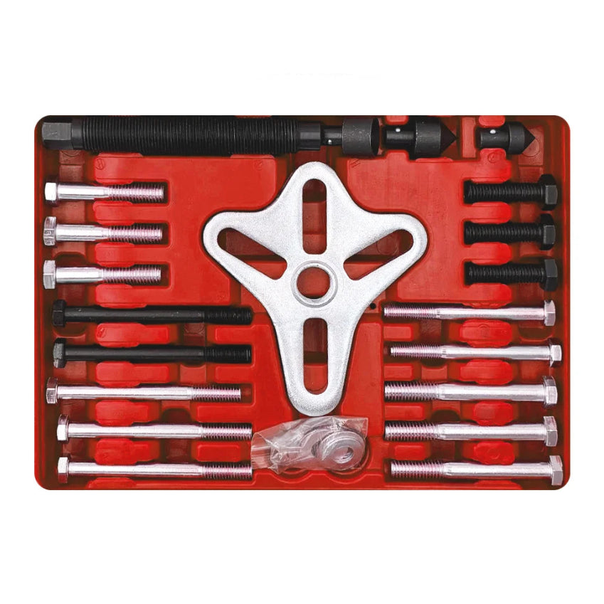 Overhead view of the Harmonic Balancer Puller kit organised in its red case tray