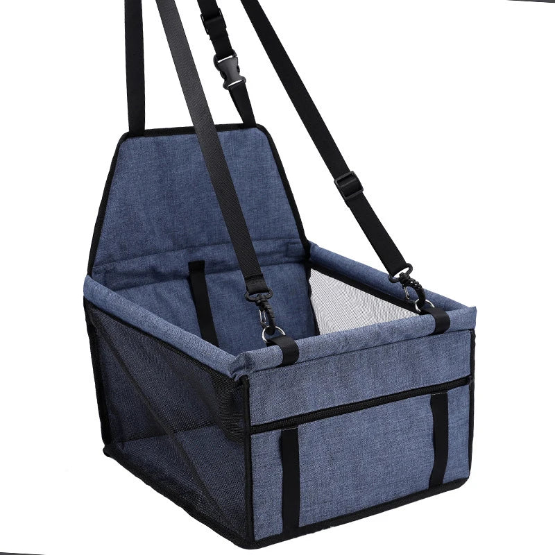 Blue Hanging Pet Car Seat colour option with adjustable straps, safety leash clips and mesh side panel