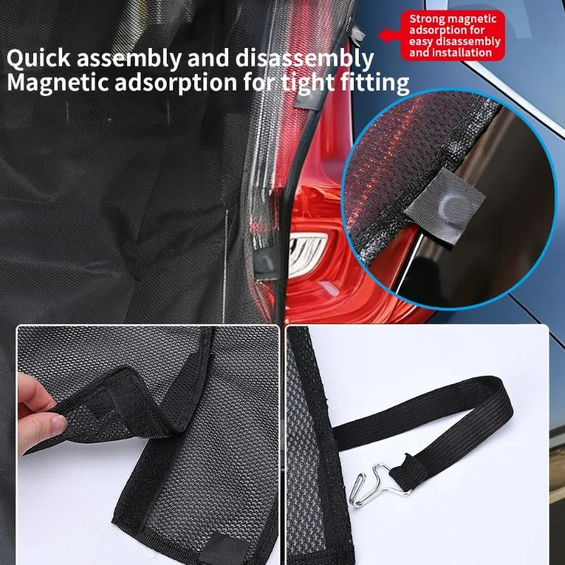 Close-up of the Tailgate Mosquito Net's magnetic edge fixing on an SUV tail light, with inset photos of the mesh and a strap with metal hook