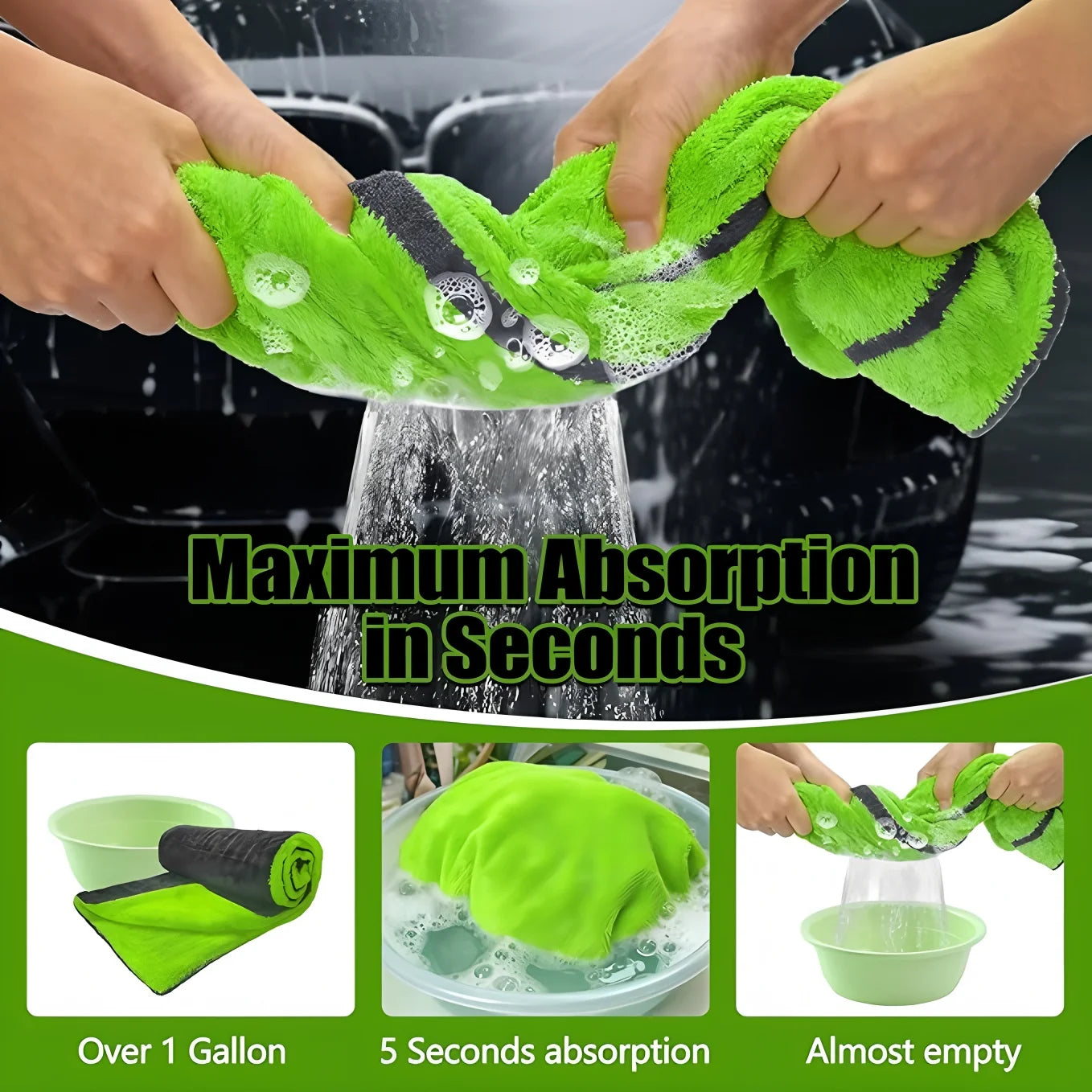 Hands wringing a soaked green Microfiber Car Drying Towel over a car bonnet, demonstrating rapid water absorption during a car wash.