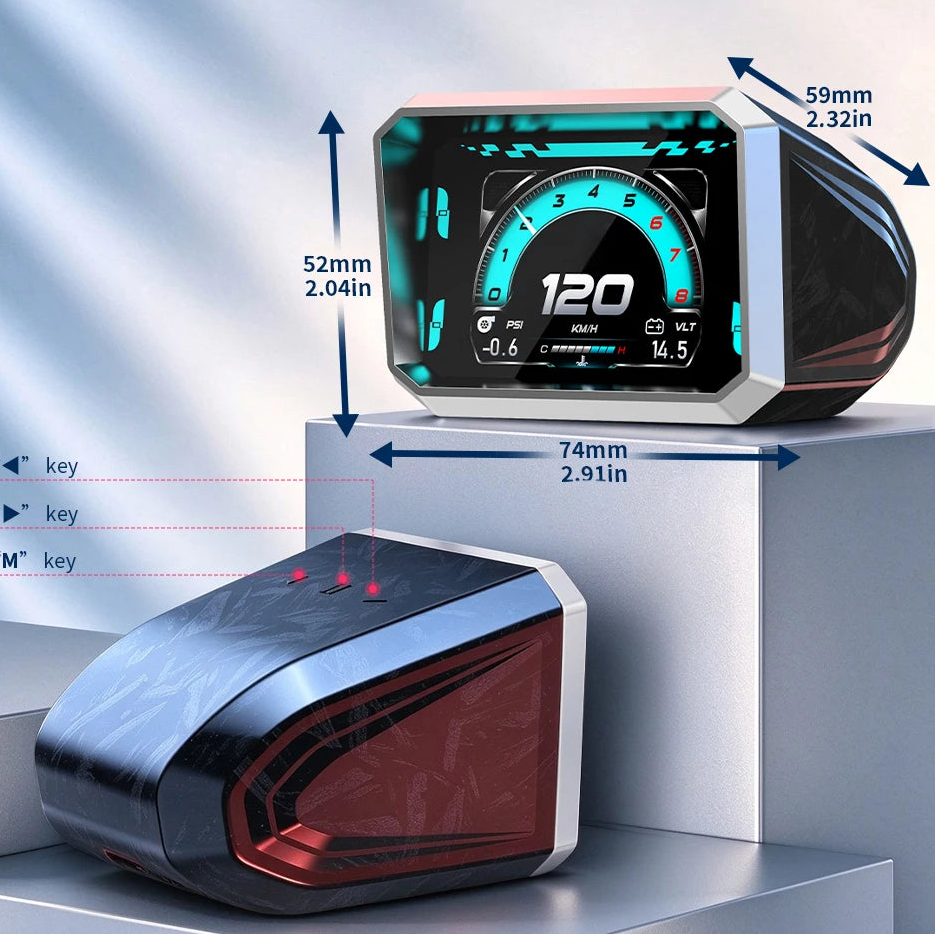 RGB OBD2 Racing Gauge dimensions 74 mm wide, 52 mm high and 59 mm deep with side control keys