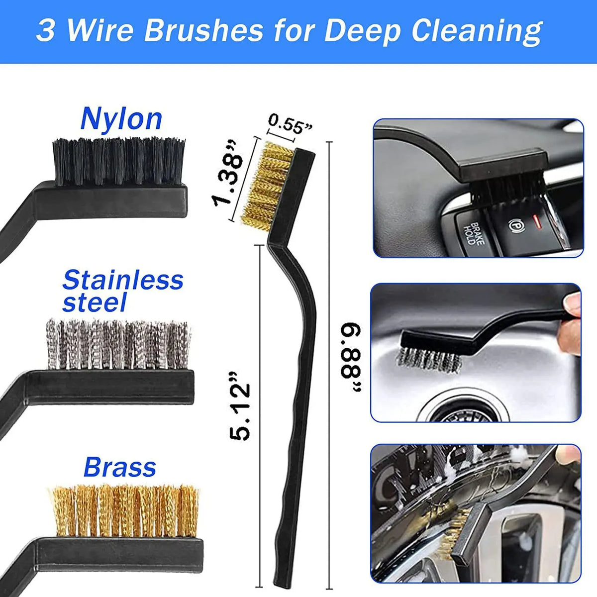 Three mini wire brushes in nylon, stainless steel and brass with dimensions, cleaning car interior and engine parts