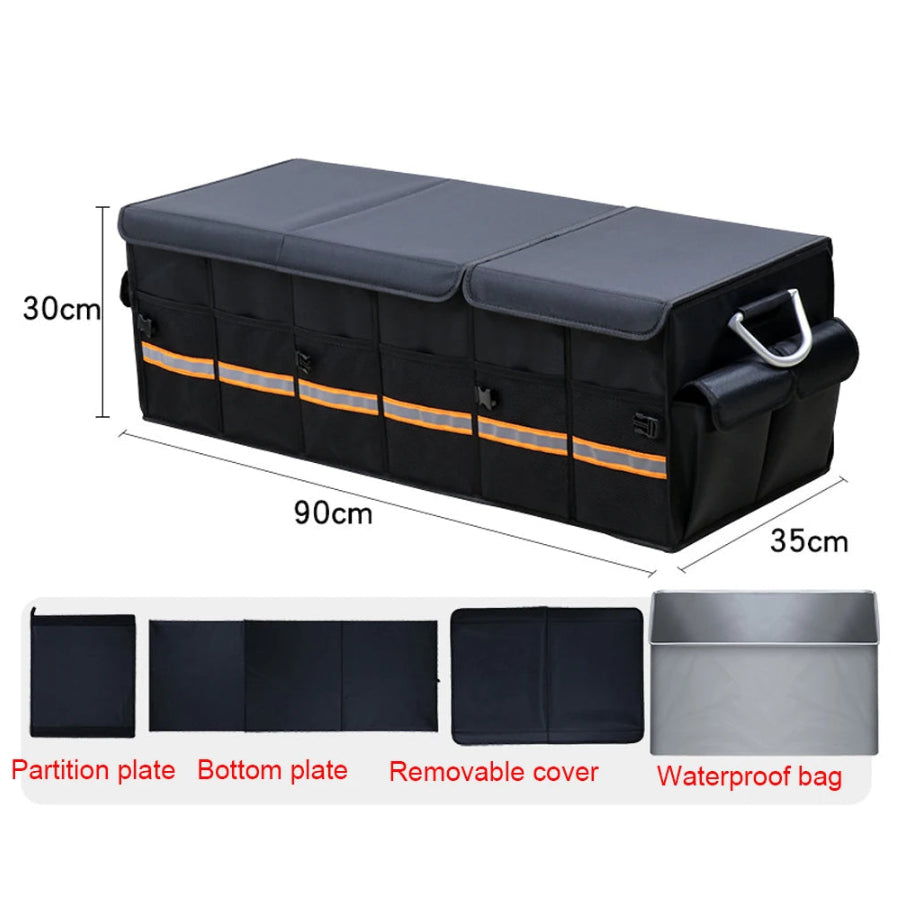 Foldable Heavy-Duty Boot Organiser diagram showing 100L capacity, dimensions and its partition plate, base plate, cover and waterproof liner bag.