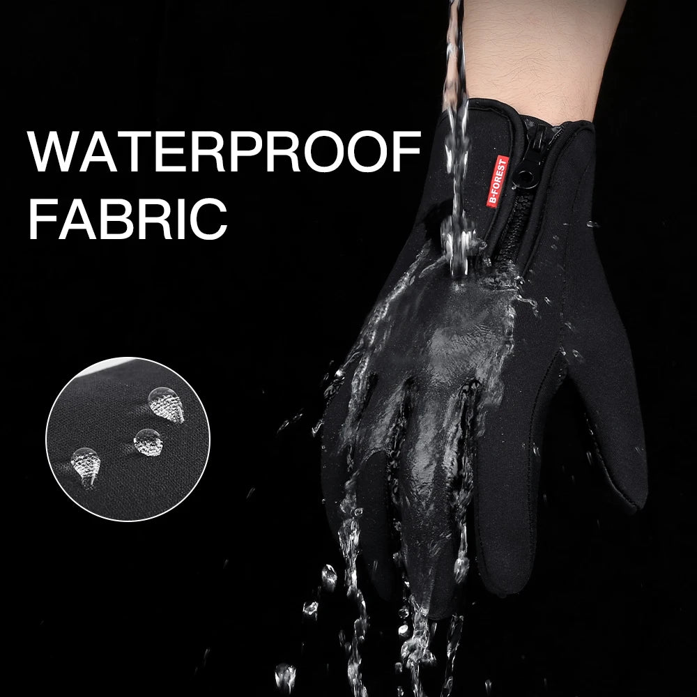 Water pouring over a black winter glove demonstrating its waterproof fabric, with droplets beading off the textured surface.