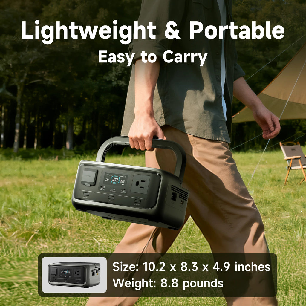 256Wh Solar Generator Kit power station carried by its fold-out handle across a grassy campsite, with size and weight inset