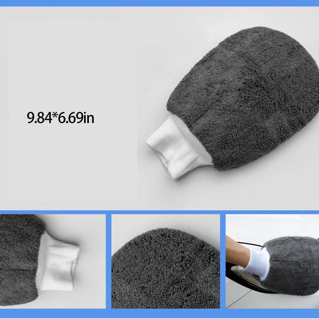 Grey microfibre car wash mitt with elastic cuff measuring 9.84 x 6.69 inches, with close-up detail views