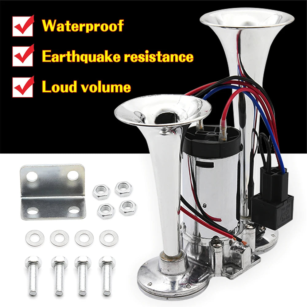 Dual trumpet air horn features list: waterproof, shock resistant and loud volume