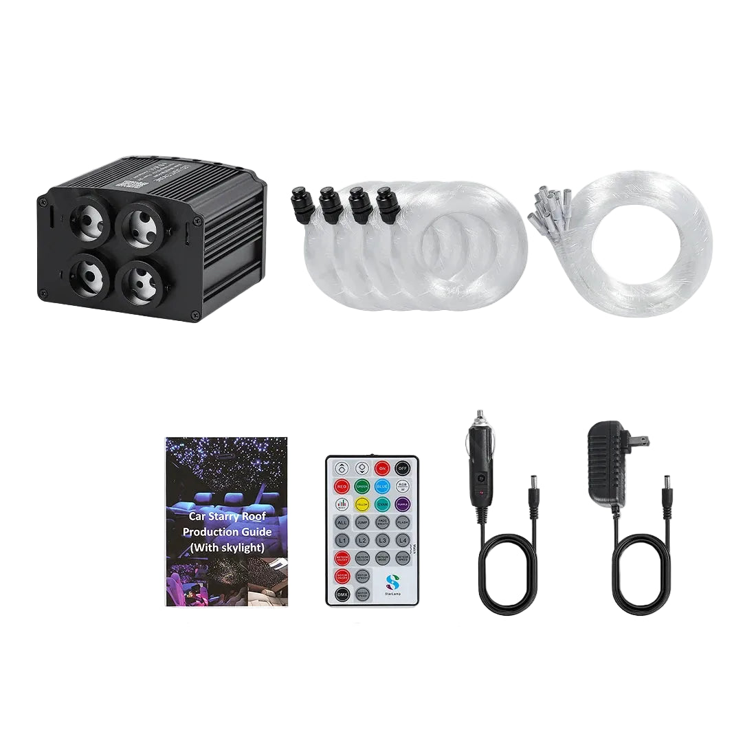 Twinkle Meteor Star Headliner kit with 4-port light engine, fibre optic strands, remote, car charger, power adapter and install guide