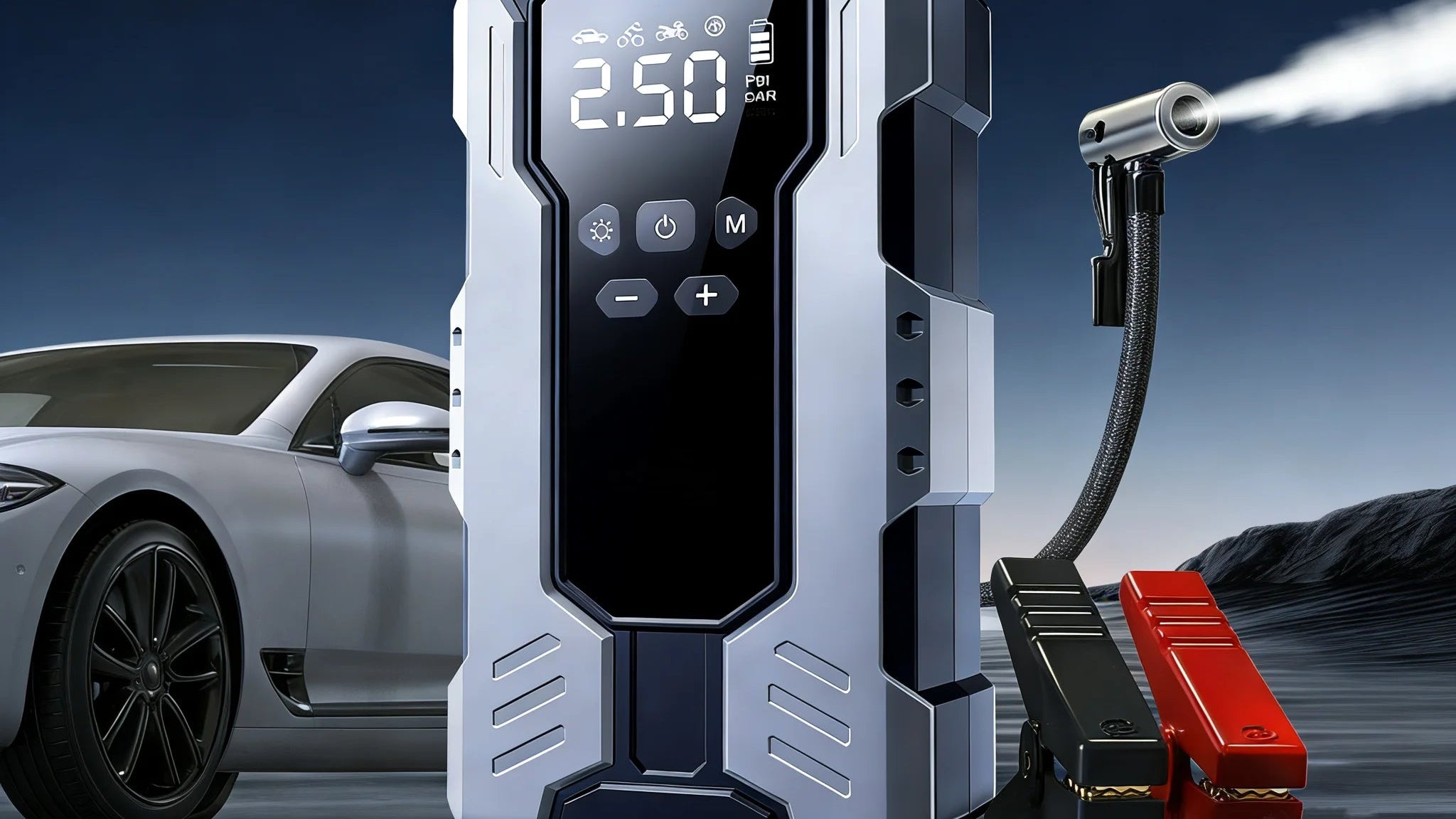 A silver and black portable jump starter and tire inflator device stands on a dark road scene next to a white car, with a hose connected to a tire pump and red/black battery packs. Large marketing text at the top reads 'Multifunctional jump starter and inflator all-in-one machine' and 'Car jump start + Tire inflation'.