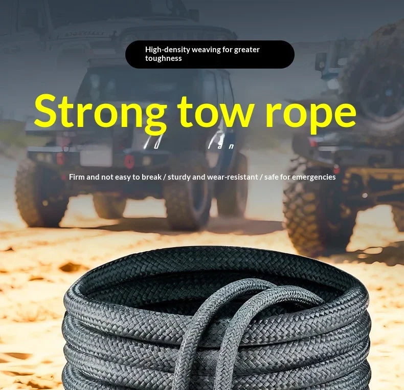 Heavy-Duty Recovery Rope towing two 4x4 off-road vehicles across a dusty outback track