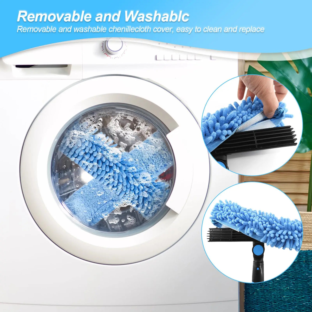 Removable and washable chenille cloth cover being cleaned in a washing machine alongside the telescopic squeegee head