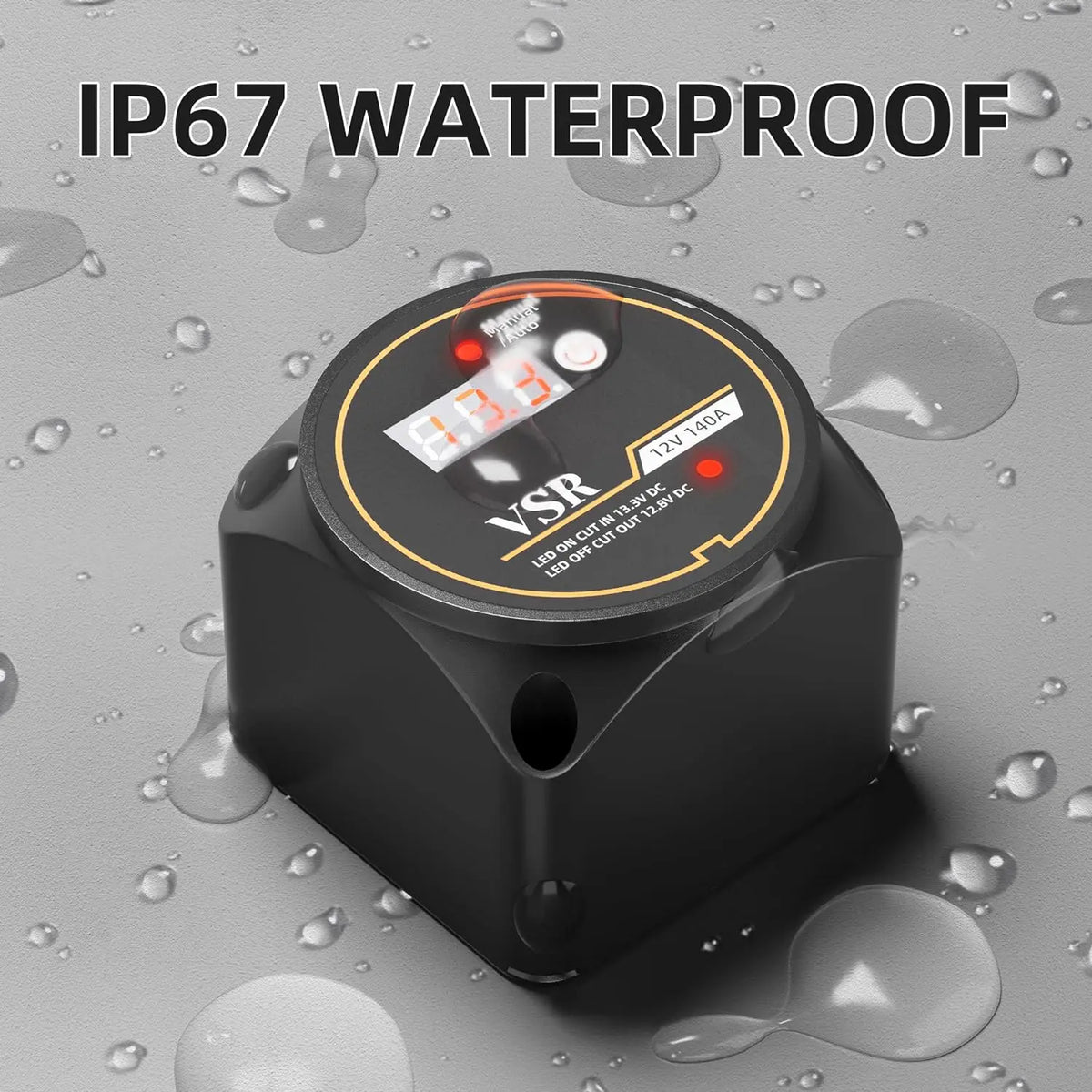 Dual Battery Isolator Kit 12V 140A VSR with IP67 waterproof rating, shown surrounded by water droplets